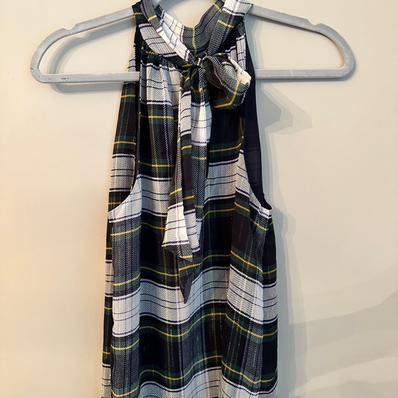 J.Crew Tie Neck Plaid Green and Navy Fall Sleeveless Blouse 6 - Picture 3 of 5
